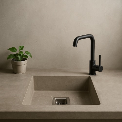 Top cucina in microcemento grigio con lavello integrato e rubinetto nero opaco, stile minimal cucina moderna.