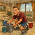 Vignetta satirica con Francesco Totti in un attico di lusso mentre posiziona secchi sul pavimento per raccogliere le infiltrazioni dal soffitto.