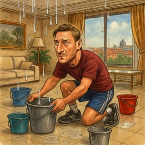 Vignetta satirica con Francesco Totti in un attico di lusso mentre posiziona secchi sul pavimento per raccogliere le infiltrazioni dal soffitto.