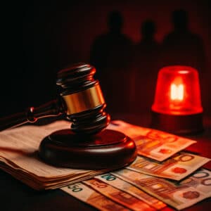 Scena su truffa aste immobiliari: martelletto su atti, banconote in euro e sirena rossa, figure in ombra, atmosfera tesa.