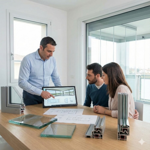 Progetto di installazione di vetrate panoramiche presentato da un tecnico di azienda specializzata.