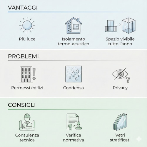 Infografica con vantaggi e svantaggi delle vetrate panoramiche basata su opinioni clienti