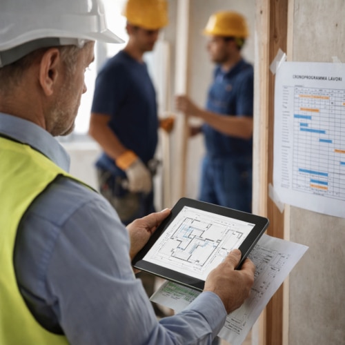 Responsabile di cantiere con tablet + planimetria, sullo sfondo due artigiani (sfocati) e un cronoprogramma appeso.