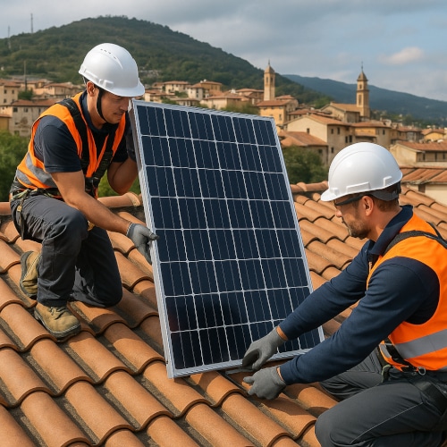 Montaggio pannello fotovoltaico su tetto a tegole.