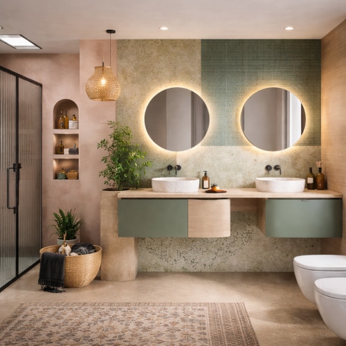 Lasciati ispirare da questo bagno mix and match: un perfetto equilibrio tra texture materiche, tonalità naturali e illuminazione d’atmosfera. Arredamento bagno moderno in stile mix and match con doppio lavabo da appoggio su mobile sospeso verde e legno, due specchi circolari retroilluminati, pareti con texture materiche rosa e verdi e dettagli in vimini.