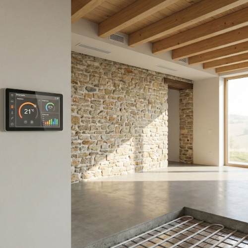 Interno casa passiva a Pavia: muratura originale e pavimento radiante.