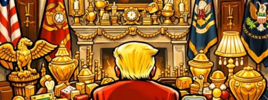Vignetta caricaturale che mostra lo stile di arredo della Sala Ovale con Donald Trump: tripudio di oro e di eccessi.