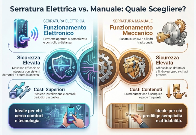 Infografica che mette a confronto caratteristiche, vantaggi e svantaggi di due tipi di serratura: elettrica e manuale
