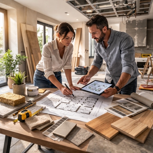 Committente e arredatore di interni confrontano piantina e tablet su un tavolo con campioni di materiali, in un interno in ristrutturazione.