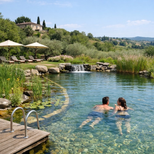 Biopiscina naturale senza cloro in un giardino italiano: acqua limpida con piante di fitodepurazione, zona relax con lettini e ombrelloni e due persone che nuotano.