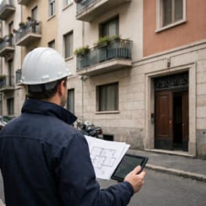 Tecnico immobiliare di spalle con planimetrie e tablet davanti a un palazzo residenziale anni ’50 in una via semicentrale italiana per valutare declassamento di una casa A/1
