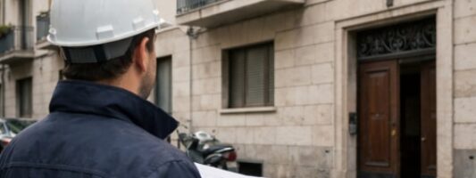 Tecnico immobiliare di spalle con planimetrie e tablet davanti a un palazzo residenziale anni ’50 in una via semicentrale italiana per valutare declassamento di una casa A/1