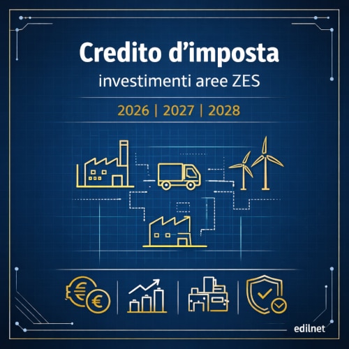 Copertina guida sul credito d’imposta ZES 2026–2028 con grafica blueprint e card centrale, titolo “credito d’imposta ZES” e icone outline su investimenti e territori.