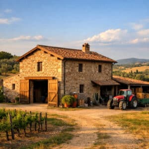 Fabbricato rurale in pietra con tetto in coppi e trattore in campagna italiana al tramonto.