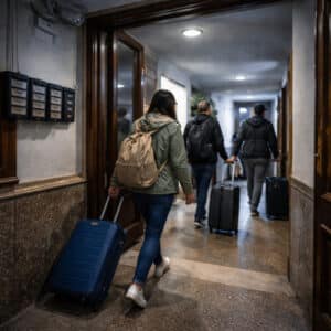 Turisti con trolley entrano nell’atrio di un palazzo del centro storico, tra citofoni e cassette postali. Il via vai degli affitti brevi agevola i furti in condominio?