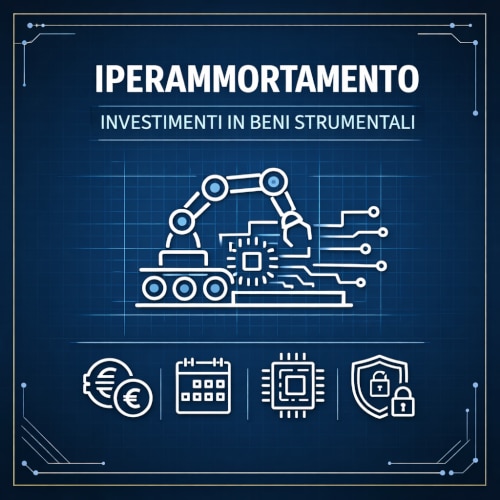 Copertina iperammortamento: investimenti in beni strumentali con icona robot industriale e icone euro, calendario, chip/plc e scudo cybersecurity su sfondo blueprint.