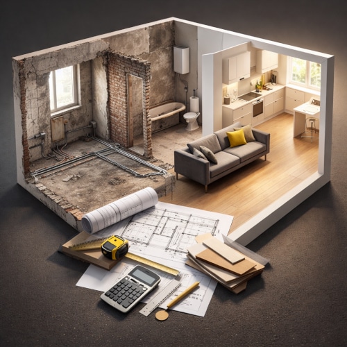 Rendering appartamento diviso in “prima e dopo” ristrutturazione: a sinistra ambiente grezzo con impianti a vista, a destra interni moderni completati. Quanto cala il valore di un appartamento da ristrutturare? Guida ai valori di svalutazione e ai fattori che incidono