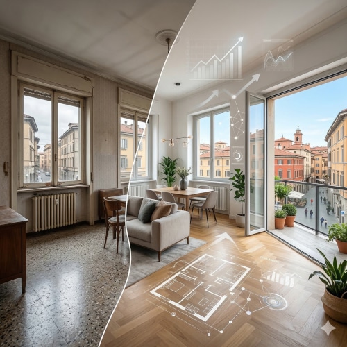 Prima e dopo la ristrutturazione: una parte dello spazio è datata e da ristrutturare, l’altra è rinnovata, luminosa e pronta per la vendita. Usare l'intelligenza artificiale nel mercato immobiliare: quali sono gli strumenti e come utilizzarli per guadagnare.