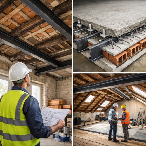 Collage tecnico con ingegnere in cantiere, dettaglio di solaio rinforzato con connettori e sottotetto in ristrutturazione per aumentare la portata del solaio.