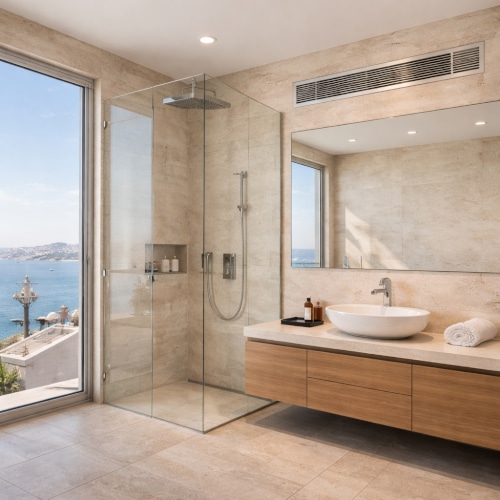 Bagno moderno in attico a Bari con rivestimenti effetto pietra, ampia doccia walk-in e ventilazione meccanica integrata,. Bagno moderno ristrutturato chiavi in mano in attico a Bari con doccia walk-in in vetro, rivestimenti chiari effetto pietra, specchio grande e vista sul mare Adriatico.