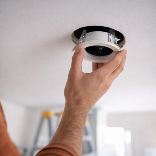 Immagine di installazione di un porta faretto in un controsoffitto in cartongesso.