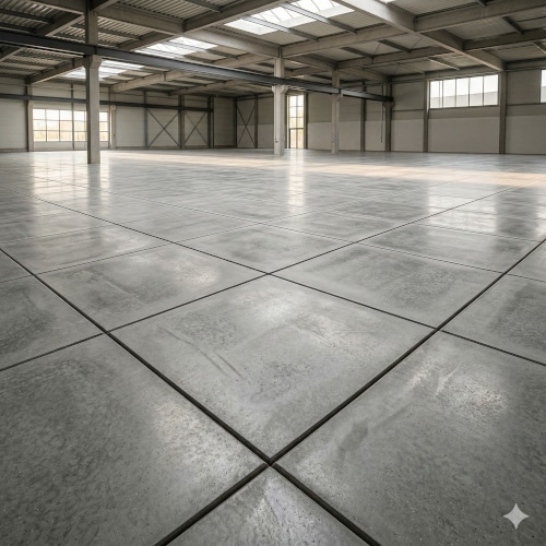 Giunti di contrazione su pavimento industriale in un capannone coperto.