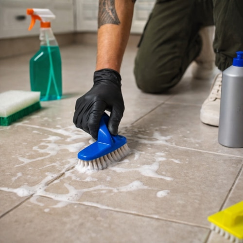 Persona che pulisce le fughe del pavimento con una spazzola e detergente su piastrelle in gres.