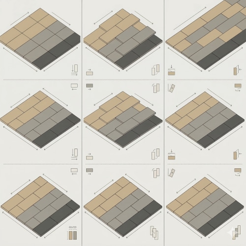 Confronto visivo tra diversi schema di posa del pavimento: lineare, sfalsata e a correre. Manuale con schemi per posare il pavimento a piastrelle.