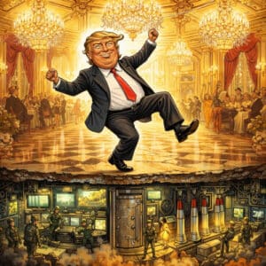 Donald Trump danza in una lussuosa sala da ballo della Casa Bianca sopra un bunker militare sotterraneo con missili, monitor e soldati.