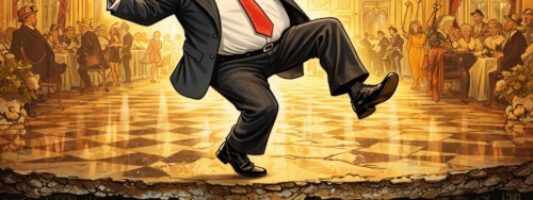 Donald Trump danza in una lussuosa sala da ballo della Casa Bianca sopra un bunker militare sotterraneo con missili, monitor e soldati.