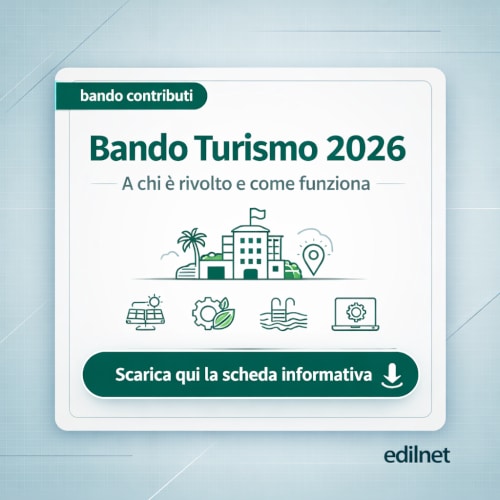 Copertina grafica del Bando Turismo 2026 con titolo, sottotitolo “a chi è rivolto e come funziona”, icone di turismo, energia e digitalizzazione e invito a scaricare la scheda informativa.