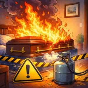 Bara in fiamme in una stanza domestica con bombola a gas che perde e simbolo di pericolo, illustrazione cartoon sul caso Taffo finito in tribunale