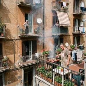 Barbecue acceso su un balcone di condominio italiano con fumo che invade i piani vicini e residenti infastiditi affacciati alle finestre.