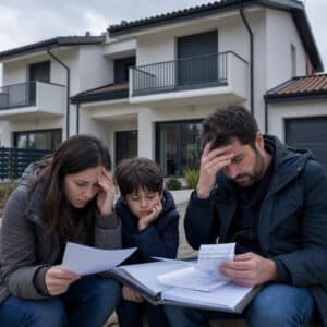 Famiglia sconvolta davanti a una villetta nuova con documenti in mano, immagine simbolica di una casa all’asta dopo gli anticipi versati.
