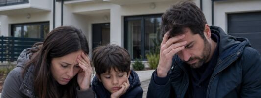Famiglia sconvolta davanti a una villetta nuova con documenti in mano, immagine simbolica di una casa all’asta dopo gli anticipi versati.