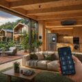 Casa in legno smart con domotica integrata, climatizzazione e grandi elettrodomestici connessi controllati da smartphone.