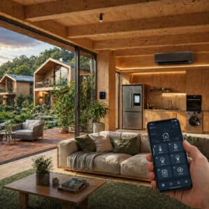 Casa in legno smart con domotica integrata, climatizzazione e grandi elettrodomestici connessi controllati da smartphone.
