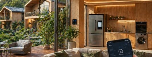 Casa in legno smart con domotica integrata, climatizzazione e grandi elettrodomestici connessi controllati da smartphone.