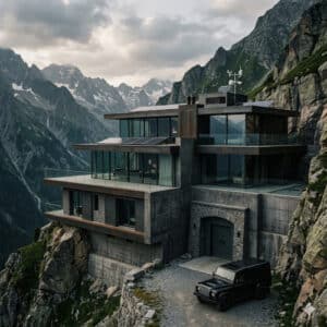 Villa di lusso moderna e rinforzata come un bunker rifugio nelle Alpi, con Land Rover Defender nera e pannelli solari.