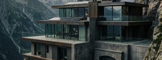 Villa di lusso moderna e rinforzata come un bunker rifugio nelle Alpi, con Land Rover Defender nera e pannelli solari.