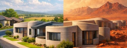 Dal Texas a Marte in un colpo d’occhio: le case stampate in 3D diventano il banco di prova terrestre per gli habitat del futuro.