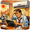 Vignetta satirica sul lockdown energetico con lavoratore in smart working al caldo e condizionatore spento