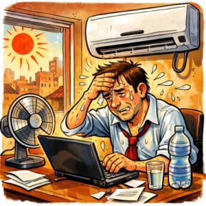 Vignetta satirica sul lockdown energetico con lavoratore in smart working al caldo e condizionatore spento