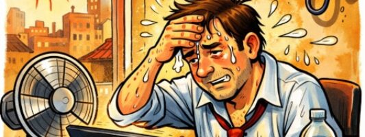 Vignetta satirica sul lockdown energetico con lavoratore in smart working al caldo e condizionatore spento