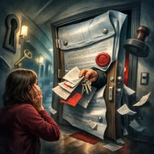 Donna sconvolta davanti alla porta di casa trasformata in un falso contratto di affitto, immagine surreale sull’incubo di una proprietaria a rischio morosità.