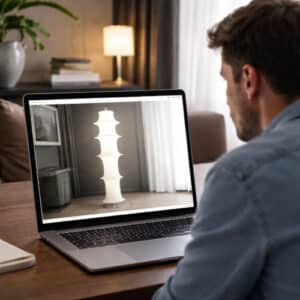 Cliente osserva online una lampada Made in Italy contraffatta su un sito di arredi di design, simbolo dei falsi arredi di lusso Made in Cina.