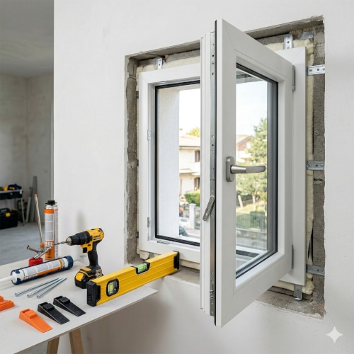 Fase di installazione e montaggio di una finestra in PVC.