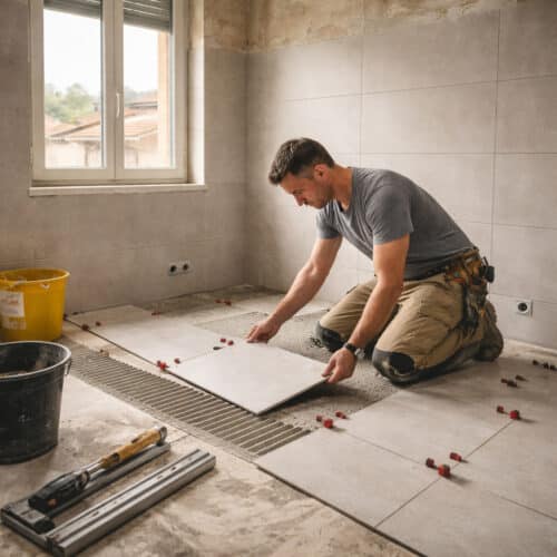 Posa pavimento in gres in un bagno in ristrutturazione