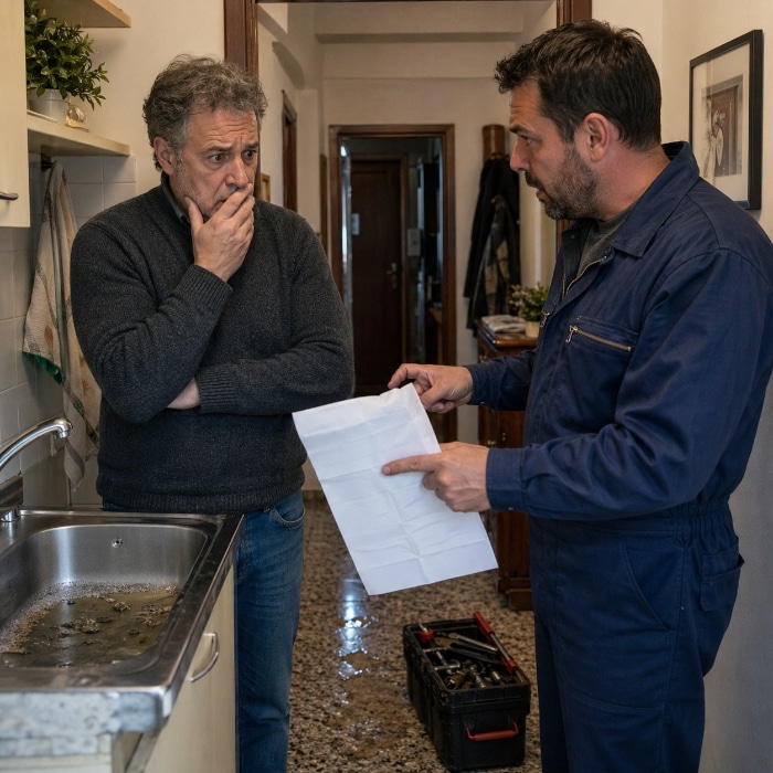 Pronto intervento idraulico in casa con cliente sconvolto davanti a un conto shock per un piccolo guasto domestico