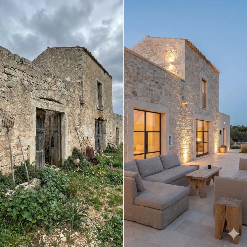 Prima e dopo della ristrutturazione di un rustico in pietra trasformato in una casa moderna e luminosa